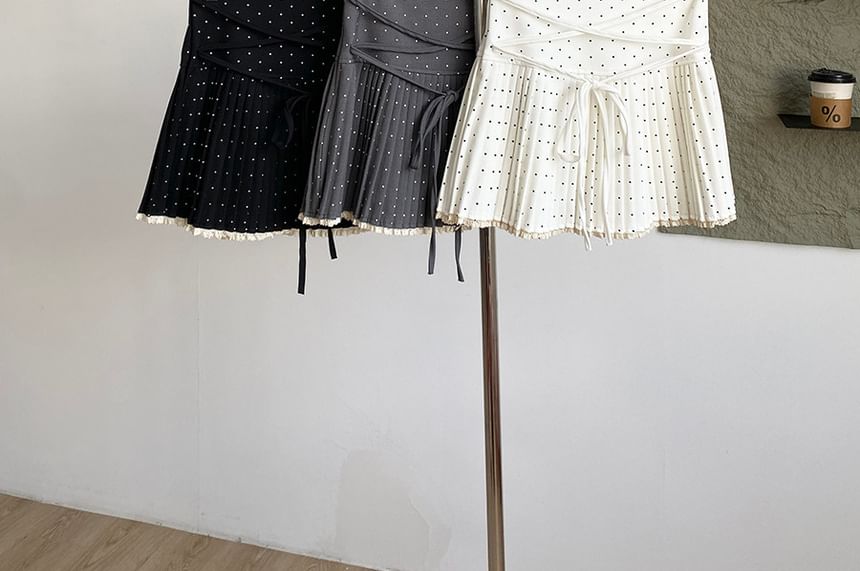 Polka Dot Lace-Up Pleated Mini A-Line Skirt