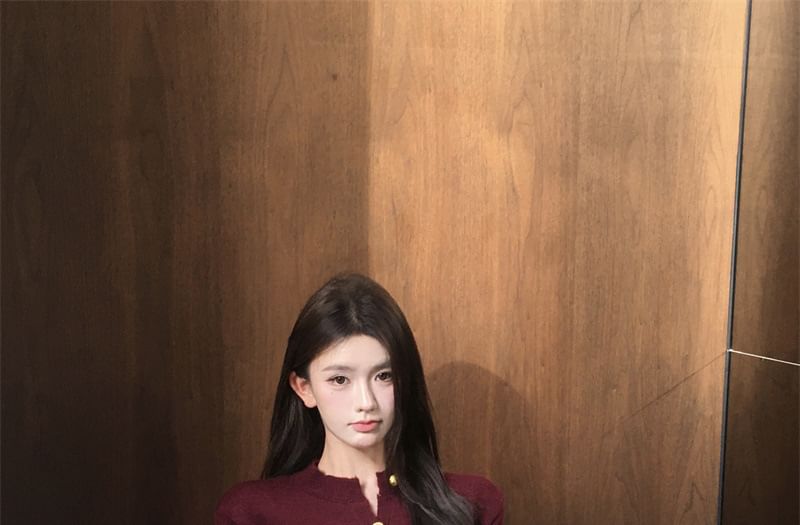 Round Neck Cardigan and Mini A-Line Skirt Set