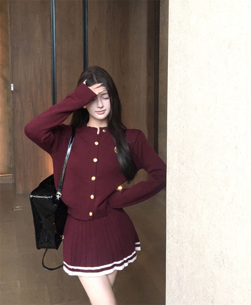 Round Neck Cardigan and Mini A-Line Skirt Set