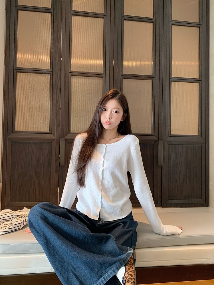 Plain Pointelle Knit Cardigan