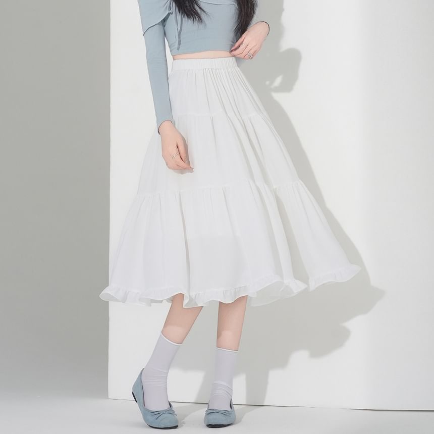 Ruffle Trim Midi A-Line Skirt with Plain Design