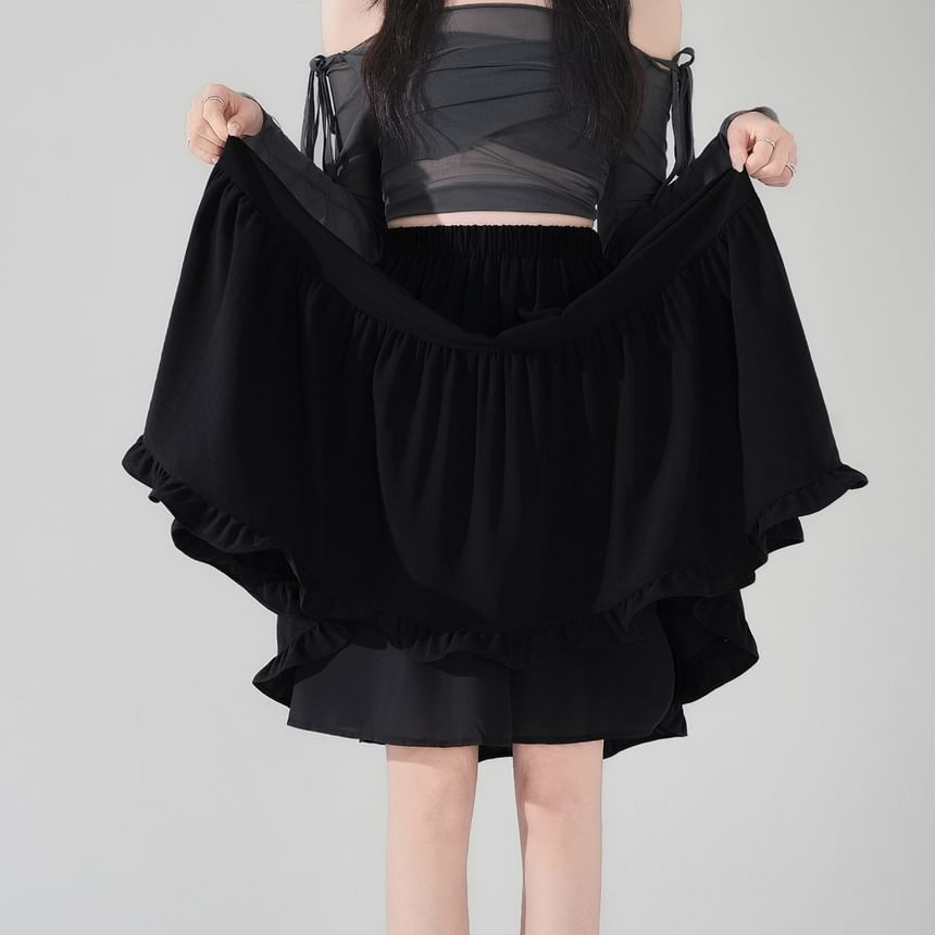 Ruffle Trim Midi A-Line Skirt with Plain Design