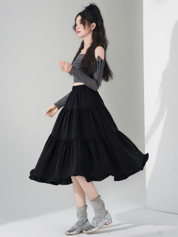 Ruffle Trim Midi A-Line Skirt with Plain Design