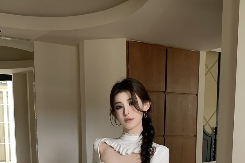 Ruffle Trim Mock Neck Tee with Cutout and Ruched Details