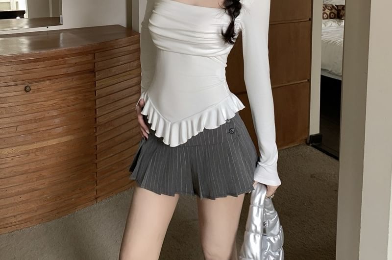 Ruffle Trim Mock Neck Tee with Cutout and Ruched Details