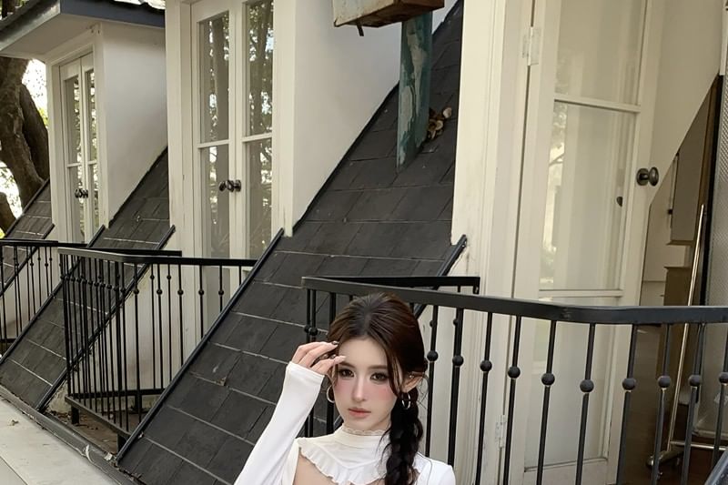 Ruffle Trim Mock Neck Tee with Cutout and Ruched Details