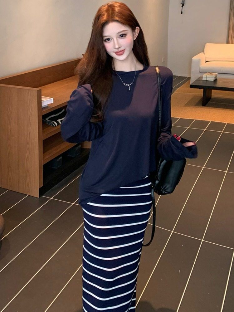 Crew Neck Tee with Striped Maxi Pencil Skirt