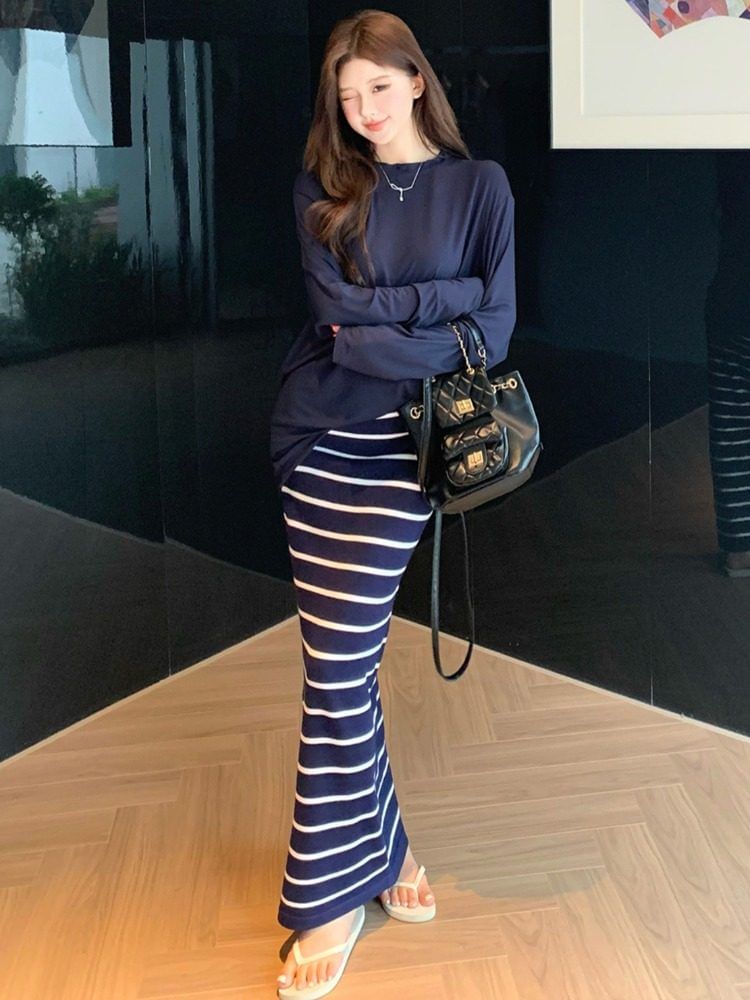 Crew Neck Tee with Striped Maxi Pencil Skirt
