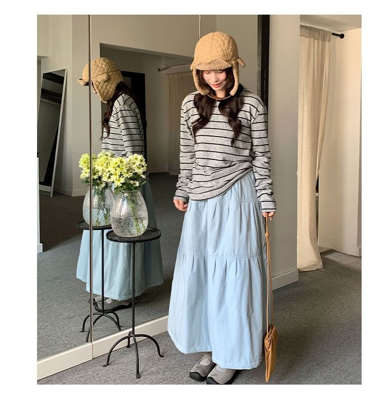 Plain Midi A-Line Skirt High Waist