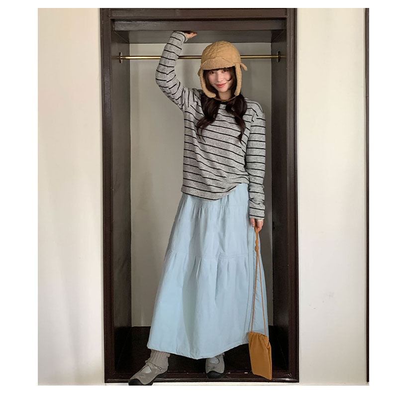 Plain Midi A-Line Skirt High Waist
