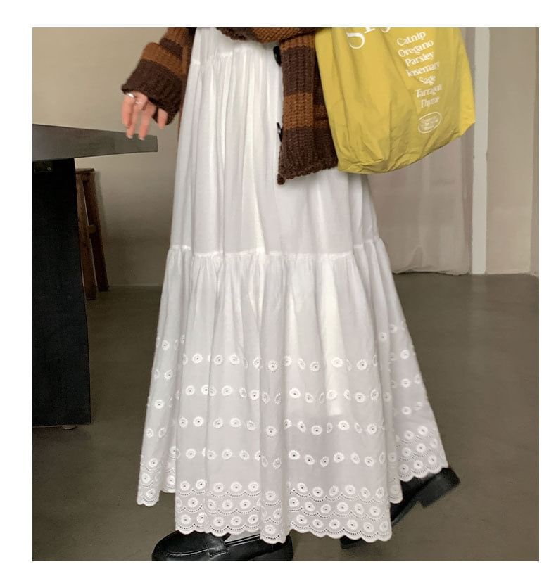 Eyelet Lace Midi A-Line Skirt High Waist