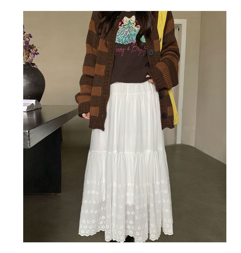 Eyelet Lace Midi A-Line Skirt High Waist