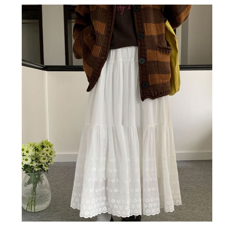 Eyelet Lace Midi A-Line Skirt High Waist