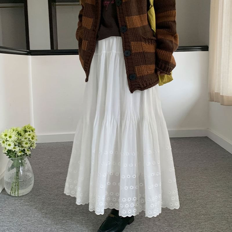 Eyelet Lace Midi A-Line Skirt High Waist