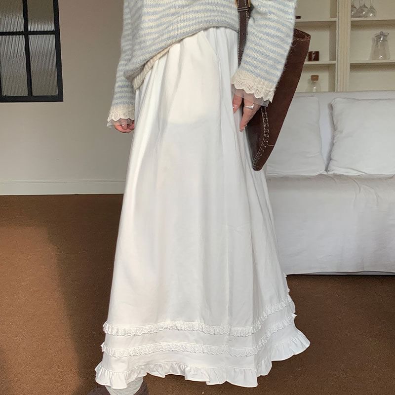 Ruffle Trim Midi A-Line Skirt High Waist