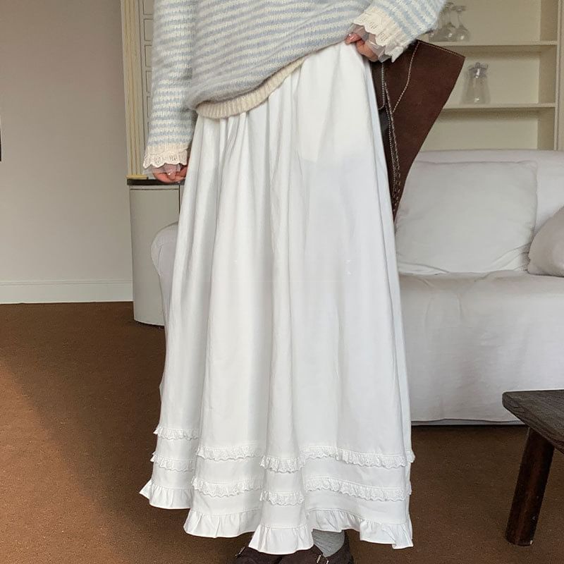 Ruffle Trim Midi A-Line Skirt High Waist