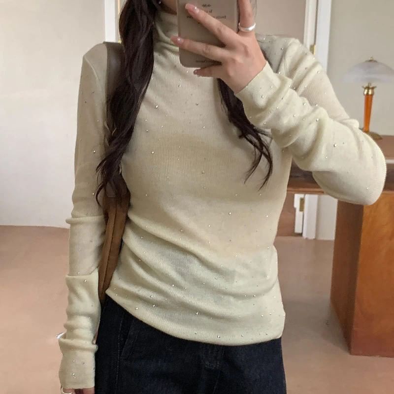 Rhinestone Embellished High Neck Tee with Long Sleeves