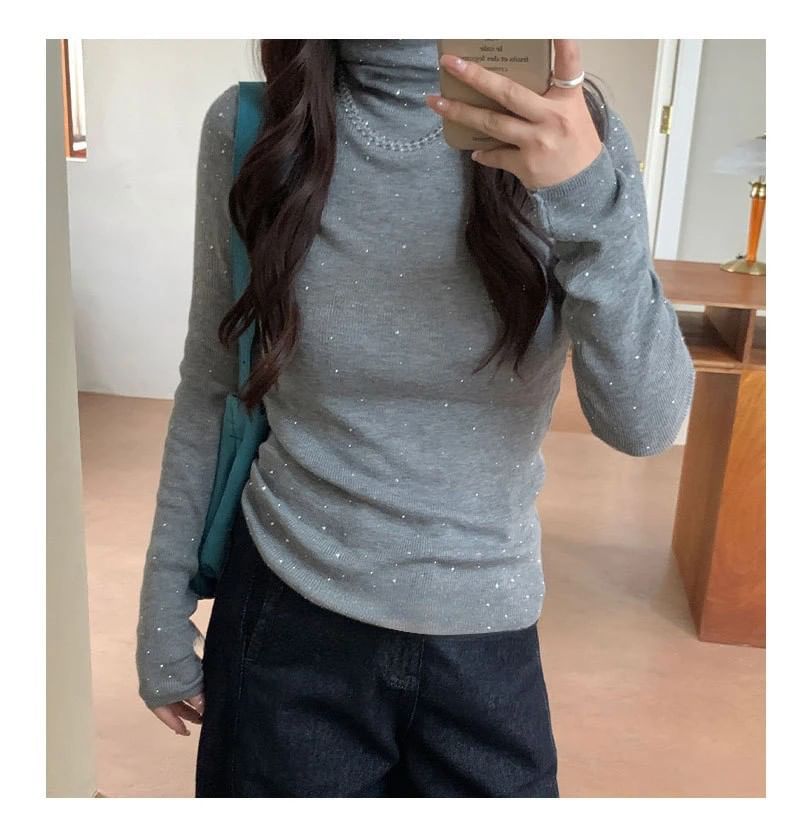 Rhinestone Embellished High Neck Tee with Long Sleeves