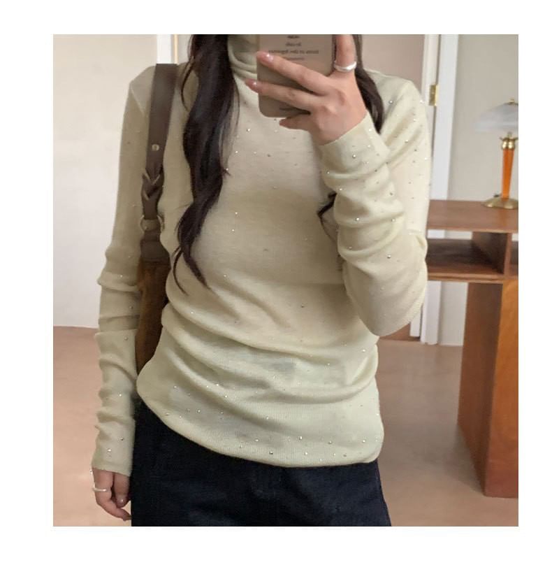 Rhinestone Embellished High Neck Tee with Long Sleeves
