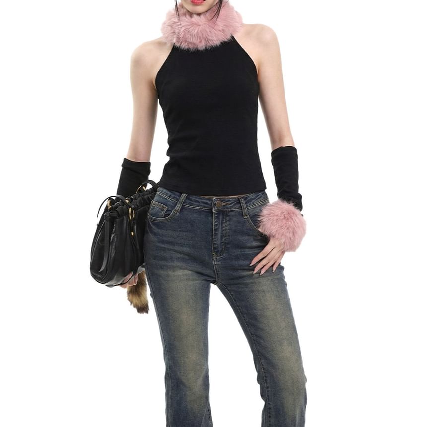 Fluffy Trim Halter Crop Top Set