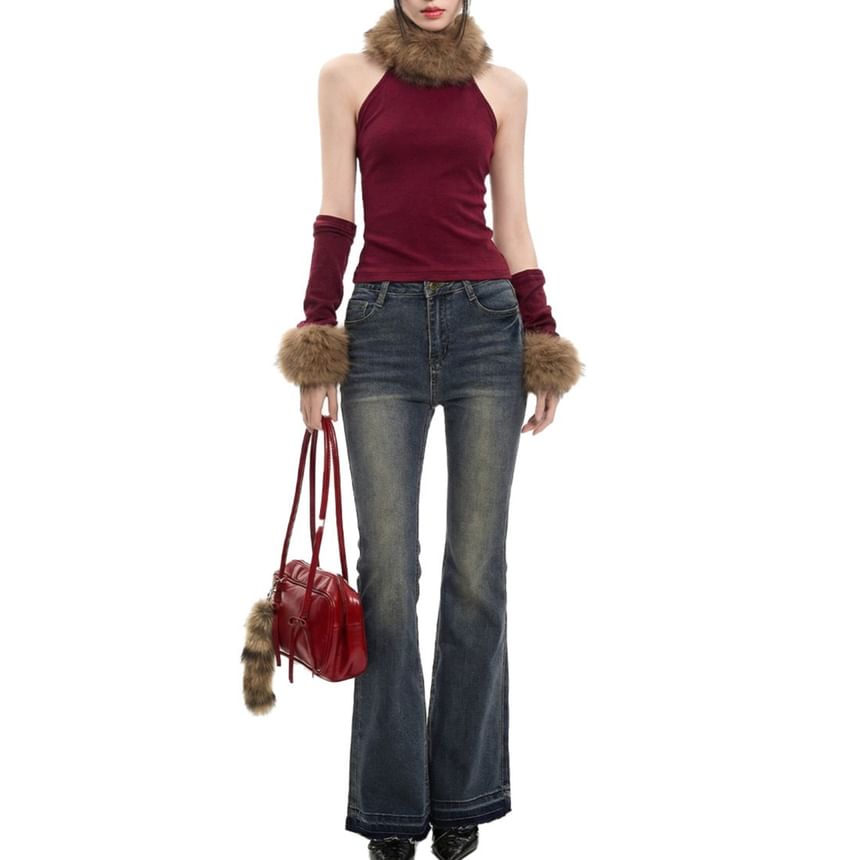 Fluffy Trim Halter Crop Top Set