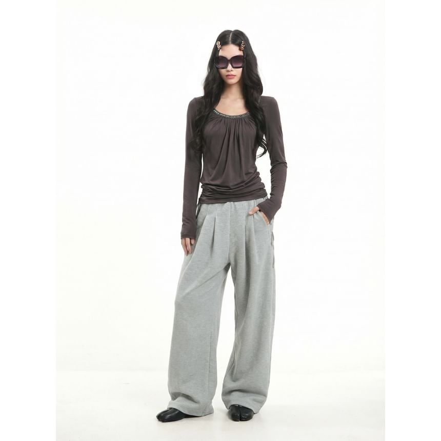 Ruched Scoop Neck Tee with Long Sleeves