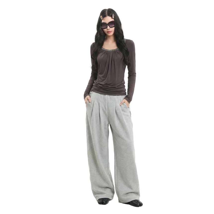 Ruched Scoop Neck Tee with Long Sleeves