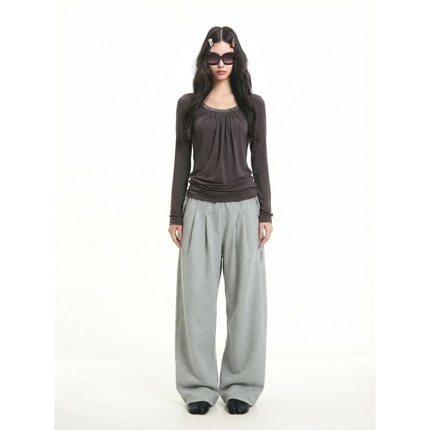 Ruched Scoop Neck Tee with Long Sleeves