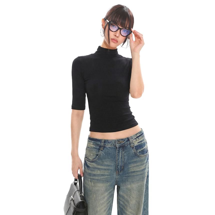 Mock Neck Ribbed Knit Crop Top