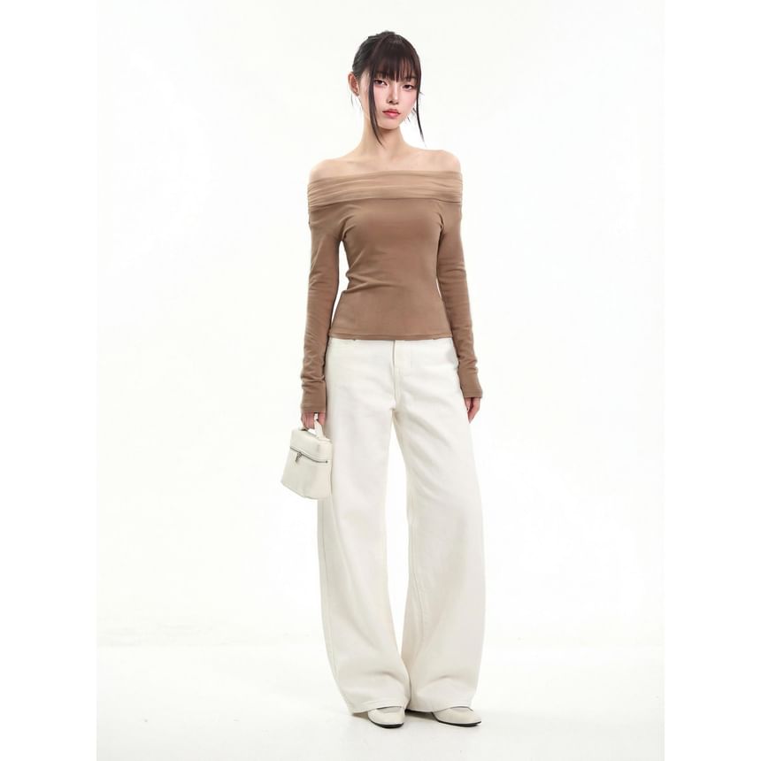 Extended Sleeve Off-Shoulder Solid Translucent Insert Tee