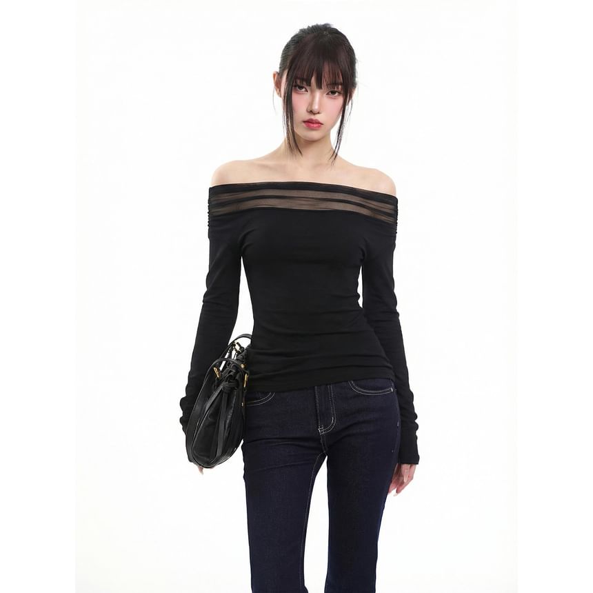 Extended Sleeve Off-Shoulder Solid Translucent Insert Tee