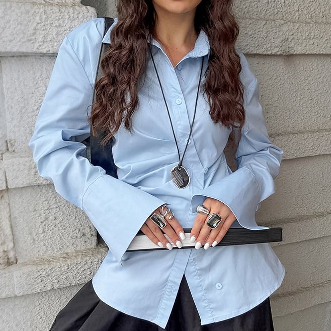 Asymmetric Slim-Fit Shirt with Ruched Details and Long Sleeves