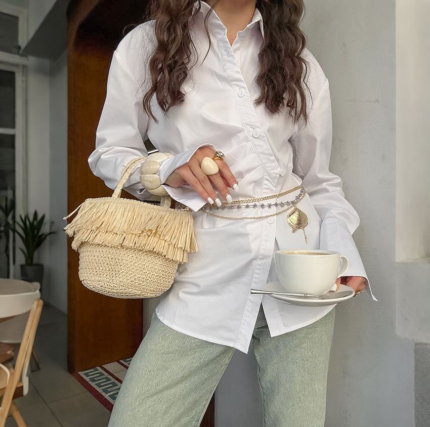 Asymmetric Slim-Fit Shirt with Ruched Details and Long Sleeves