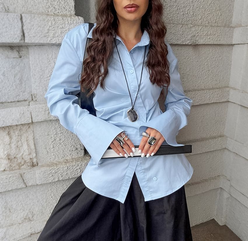 Asymmetric Slim-Fit Shirt with Ruched Details and Long Sleeves