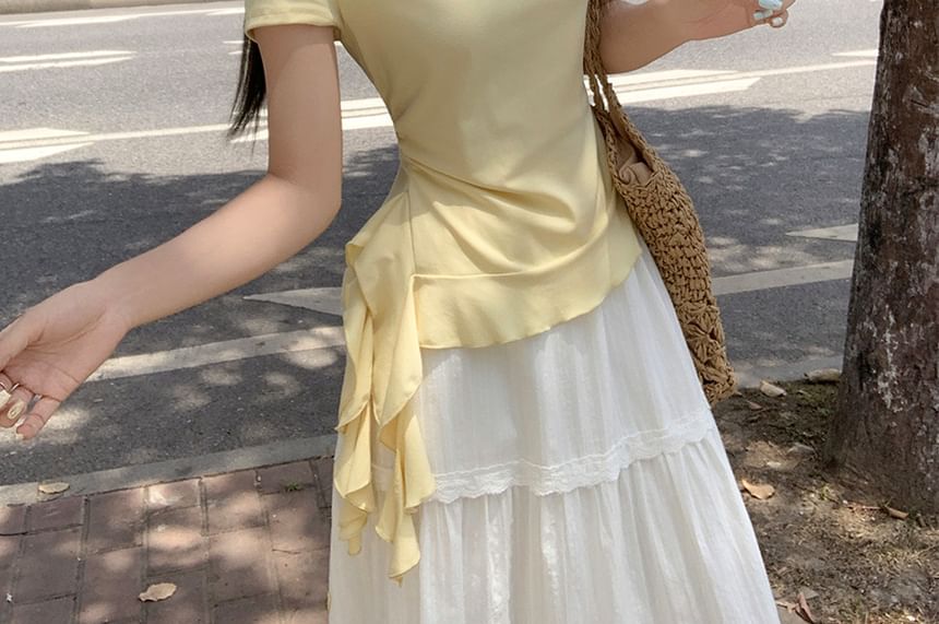 Ruffled Crew Neck Tee with Short Sleeves
