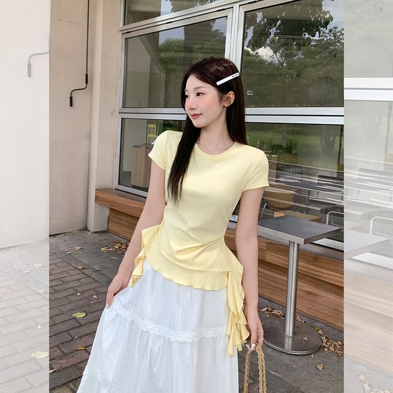 Ruffled Crew Neck Tee with Short Sleeves