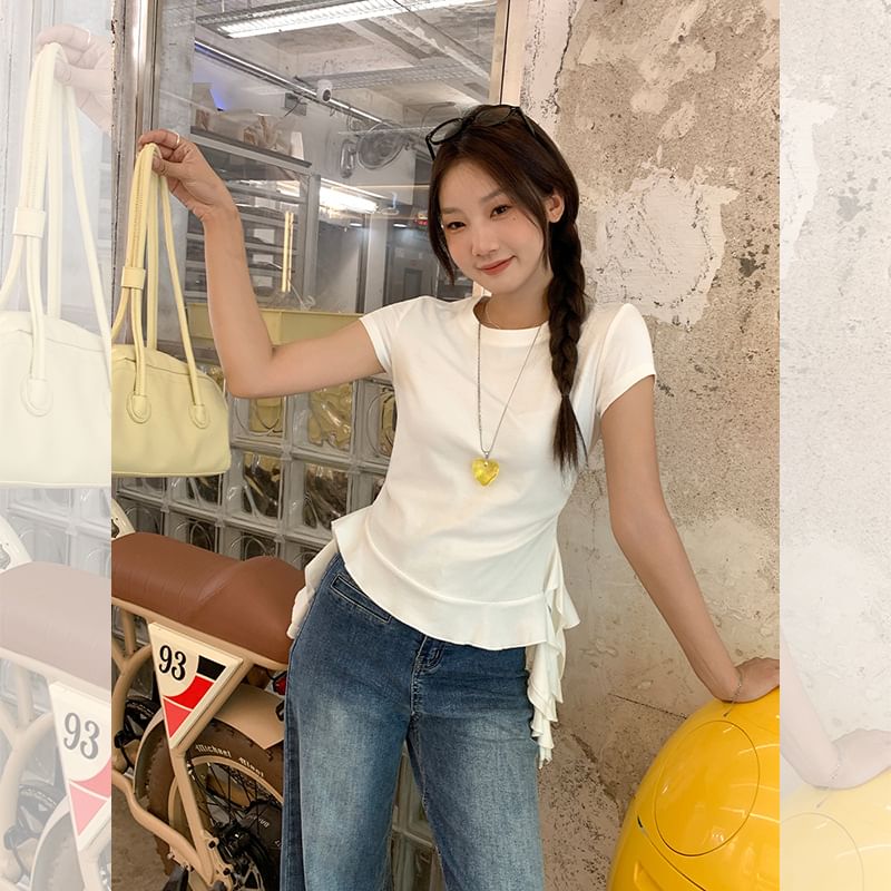 Ruffled Crew Neck Tee with Short Sleeves