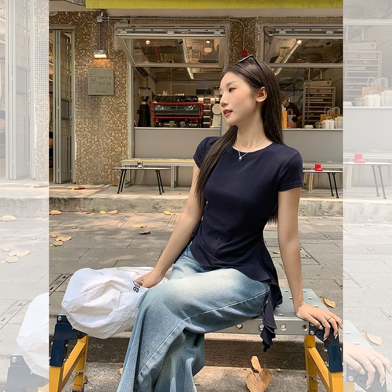 Ruffled Crew Neck Tee with Short Sleeves