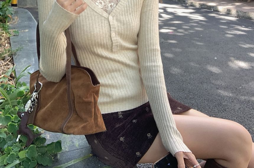 Ribbed-Knit V-Neck Top with Lace Panels