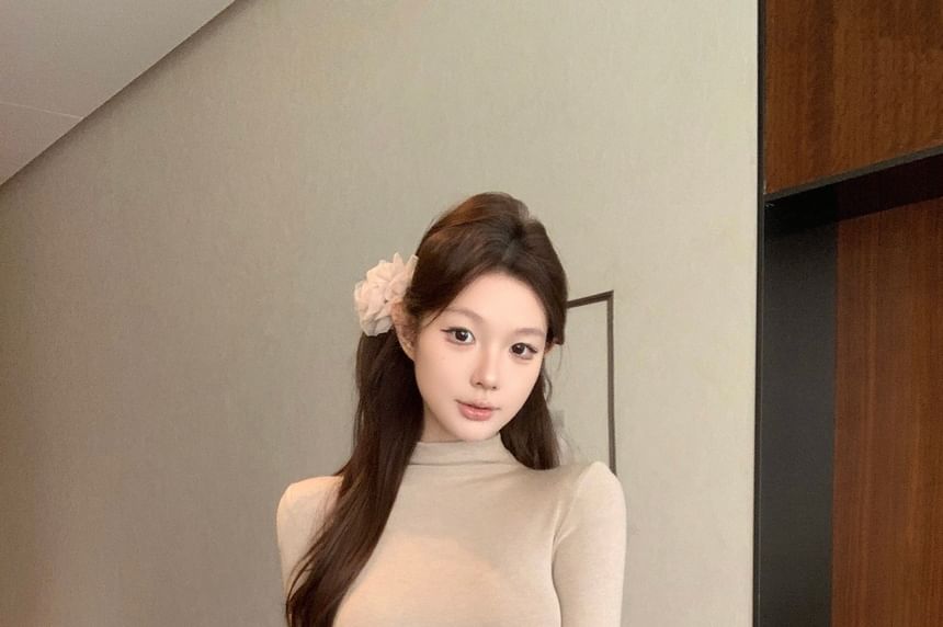 Mock Neck Tee with Belted Midi Pencil Skirt