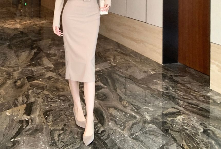 Mock Neck Tee and Belted Pencil Skirt Set