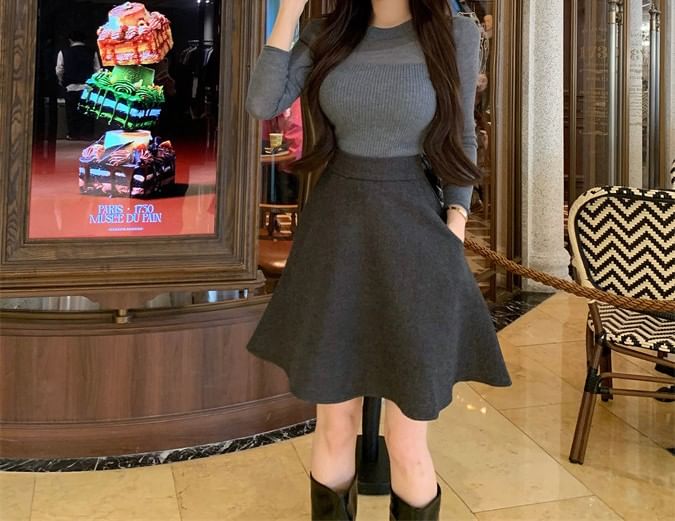 Crew Neck Knit Top and A-Line Skirt Set