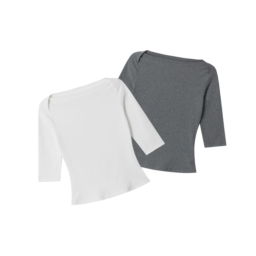 Boat Neck Slim Tee with Elbow Sleeves
