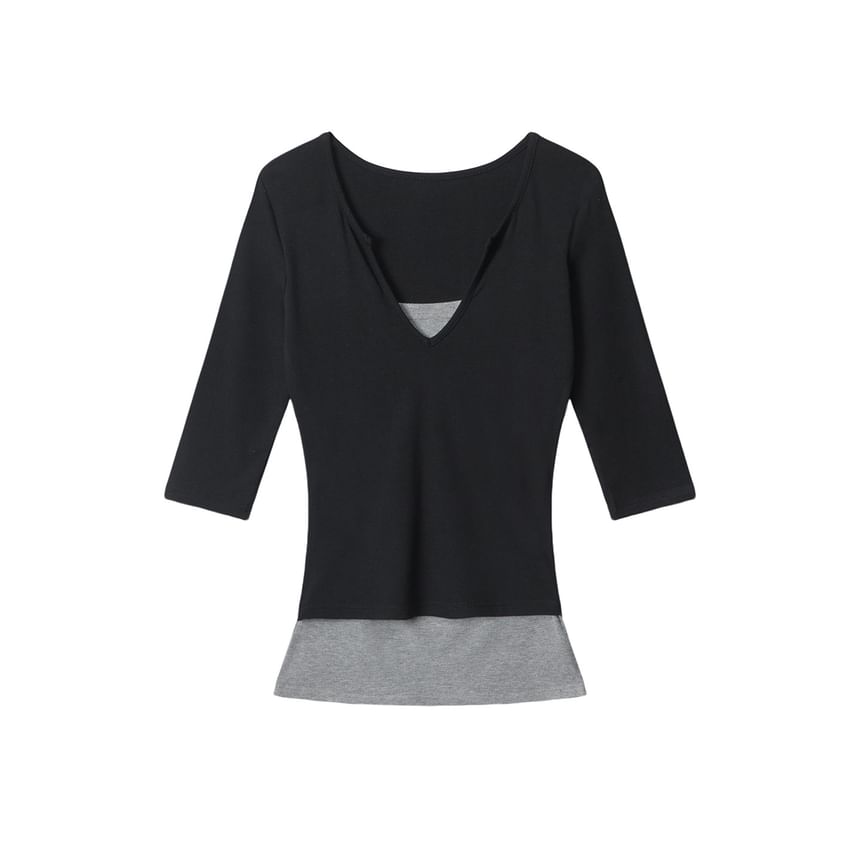 Elbow-Length Sleeve Faux Two-Piece U-Neck Contrast Fitted Top