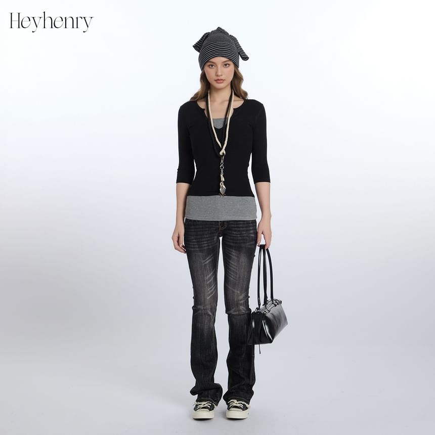 Elbow-Length Sleeve Faux Two-Piece U-Neck Contrast Fitted Top