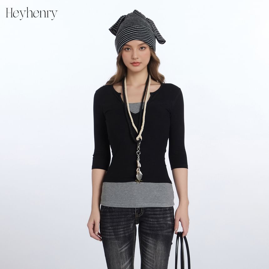 Elbow-Length Sleeve Faux Two-Piece U-Neck Contrast Fitted Top