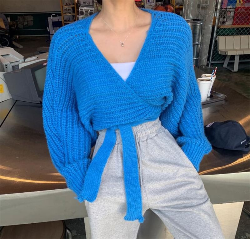 V-Neck Tie-Up Wrap Sweater