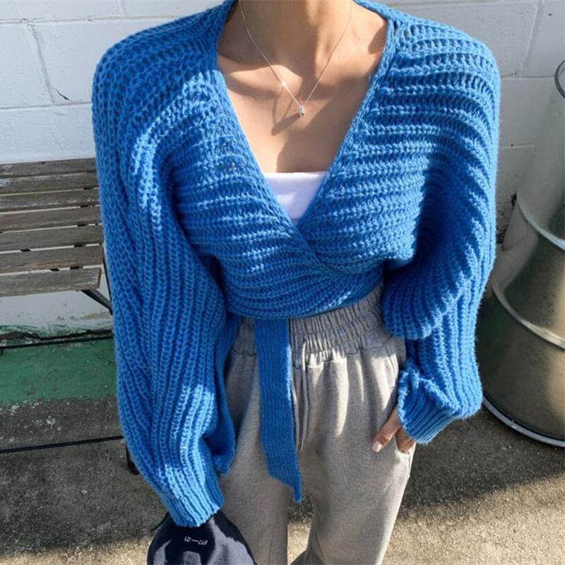 V-Neck Tie-Up Wrap Sweater