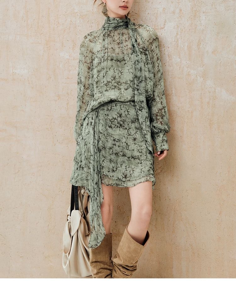Sheer Blouse, Asymmetrical Skirt, and Camisole Set