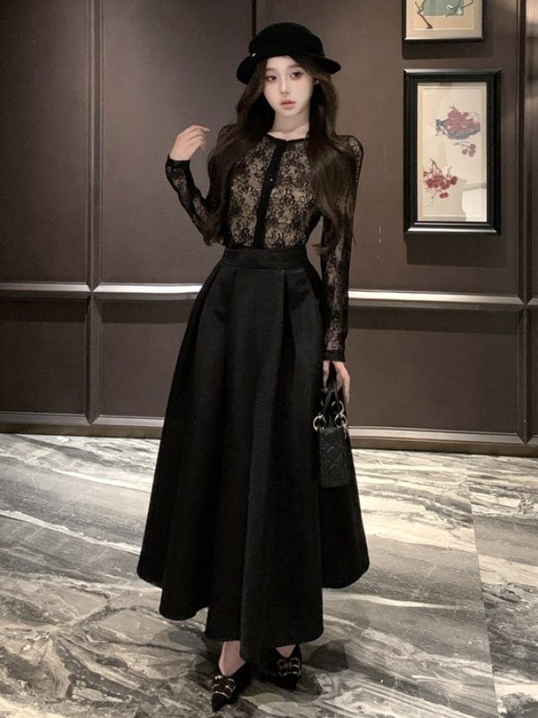 Round Neck Lace Top with Bandeau and Maxi Skirt